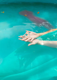 Cropped hands of woman holding prism in swimming pool