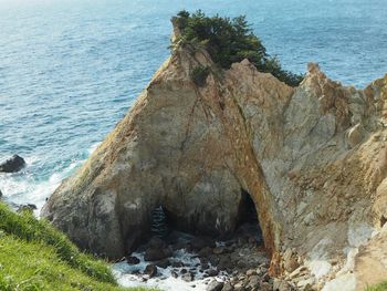 Rock formations by sea against sky