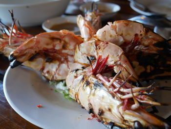 High angle view of seafood in plate on table