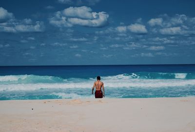 Rear view of man standing on beach against sky