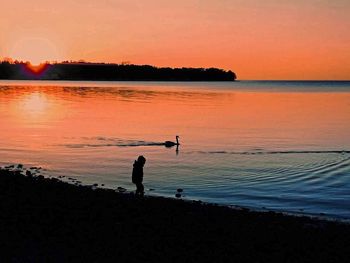 Silhouette man standing on beach against orange sky