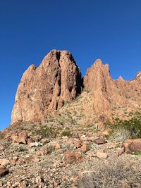 Rock formations on landscape against clear blue sky