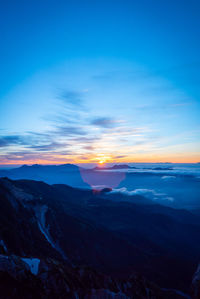 Scenic view of mountains against sky during sunset