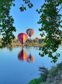 Low angle hot air balloons reflecting in river, touching down, morning light