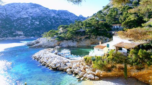 Scenic view of sea and mountains