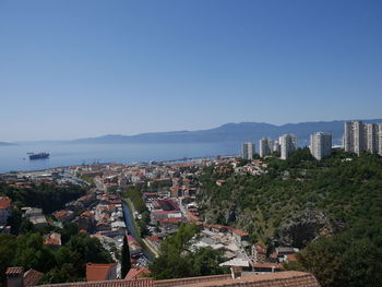 Buildings in city against clear sky