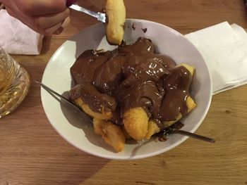 High angle view of dessert in plate on table