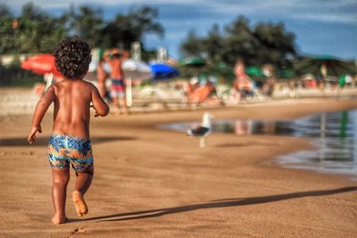 Rear view of boy playing in swimming pool