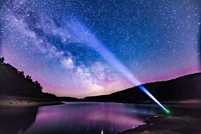 Scenic view of lake against sky at night