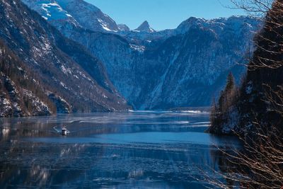 Scenic view of lake by snowcapped mountains