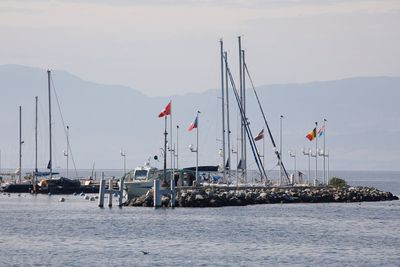 Sailboats on sea against sky