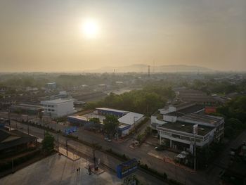 High angle view of townscape against sky during sunset