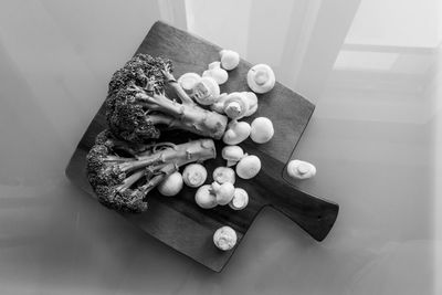 High angle view of chopped vegetables on cutting board