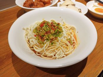 High angle view of noodles in bowl on table