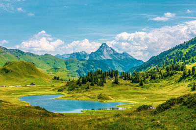 Scenic view of lake and mountains against sky