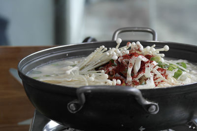 Close-up of tofu jeongol in bowl on table in gangneung, south korea