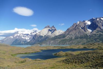 Scenic view of snowcapped mountains against sky