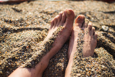 Low section of person legs on sand at beach