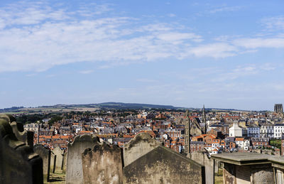 High angle shot of townscape against sky