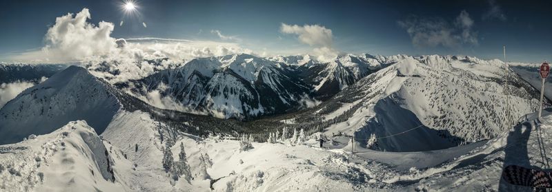 Scenic view of snow covered mountains against sky