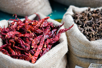 Close-up of red chili peppers for sale in market