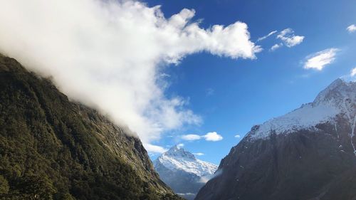 Panoramic view of snowcapped mountains against sky