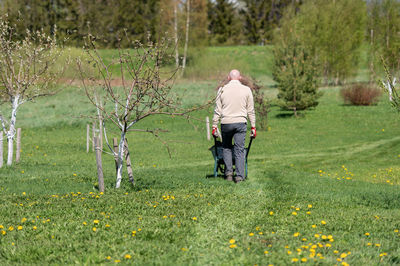 Rear view of woman walking on field