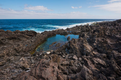 Rock formations on shore against sky