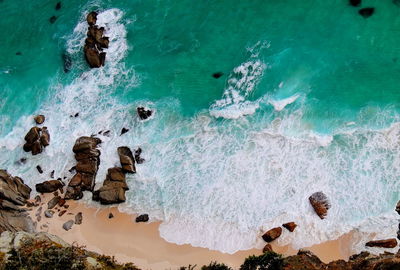 High angle view of rocks on beach