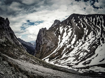 Scenic view of snowcapped mountain against cloudy sky
