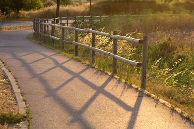 Shadow of railing on footpath