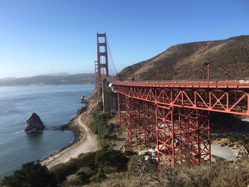 Golden gate bridge over sea against sky