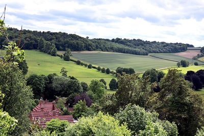 Scenic view of field by trees and houses against sky