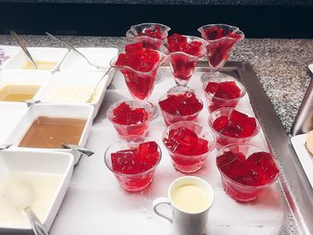 High angle view of dessert on table