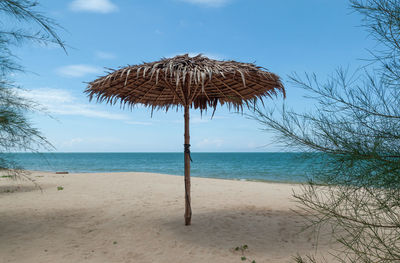 Coconut palm trees on beach against sky