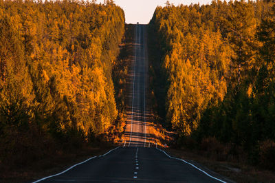 Autumn road trip at sunset colours to national park