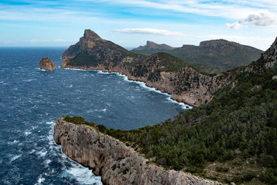 Scenic view of rocks by sea against sky