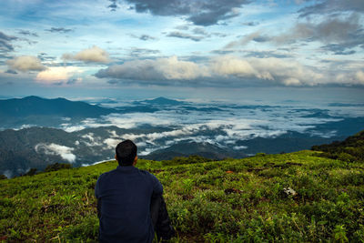 Rear view of man sitting on grassy field against sky