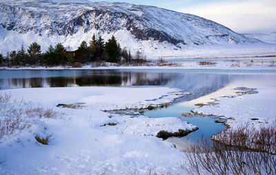 Scenic view of frozen lake by snowcapped mountains against sky