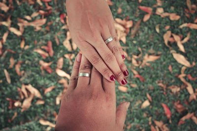 Cropped image of couple wearing wedding rings over field