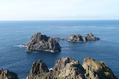 Scenic view of rocks in sea against sky