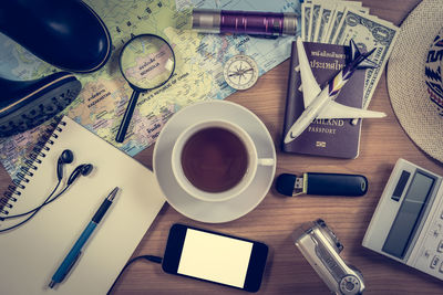 High angle view of coffee cup on table