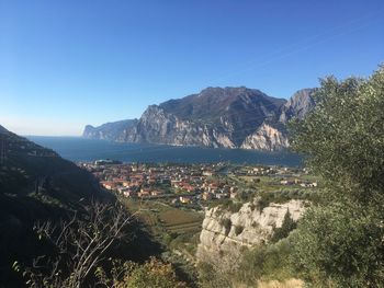 Aerial view of townscape against clear sky