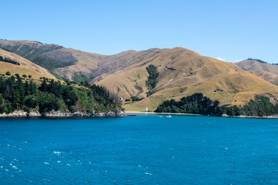 Scenic view of sea and mountains against clear blue sky