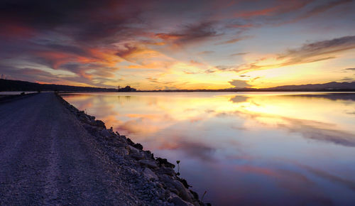 Scenic view of lake against sky during sunset