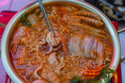 High angle view of soup in bowl