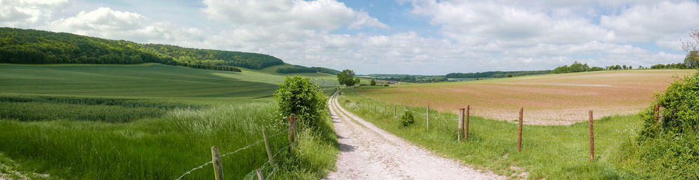 Panoramic view of agricultural field against sky