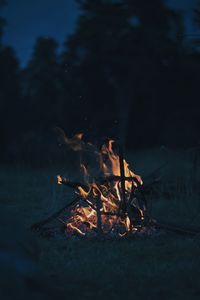 High angle view of fire on field at night
