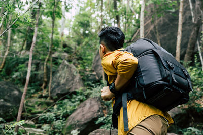 Rear view of man with umbrella in forest