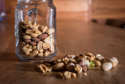 Close-up of ice cream in jar on table